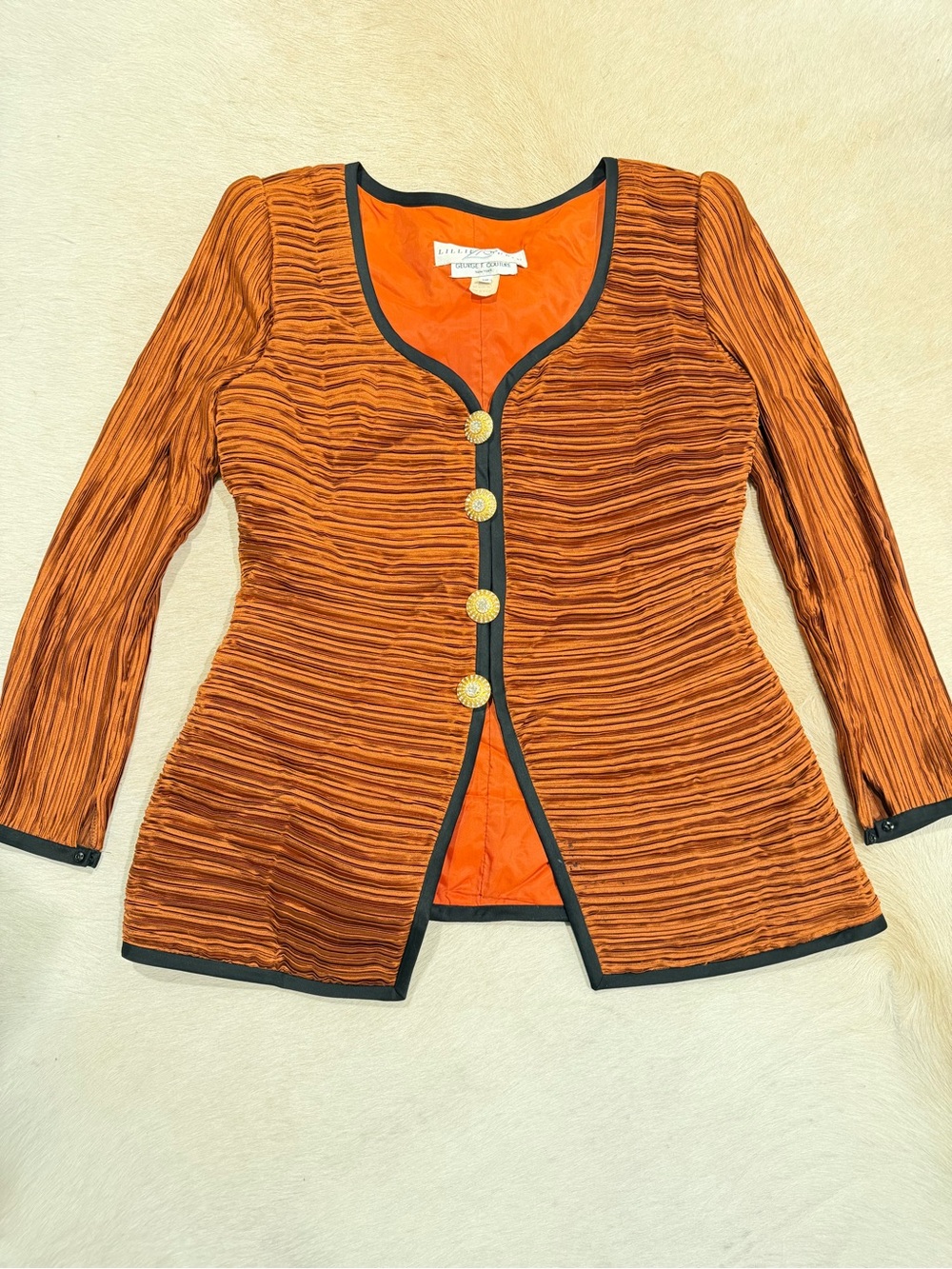 Lillie Rubin George Couture Burnt Orange Textured Button Jacket with Black Trim